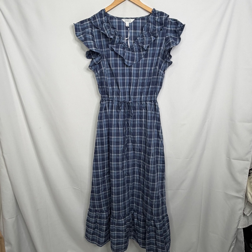 Market & Spruce Laysee Maxi Dress Blue Plaid Ruffle V-Neck Size L NWT - Picture 3 of 8